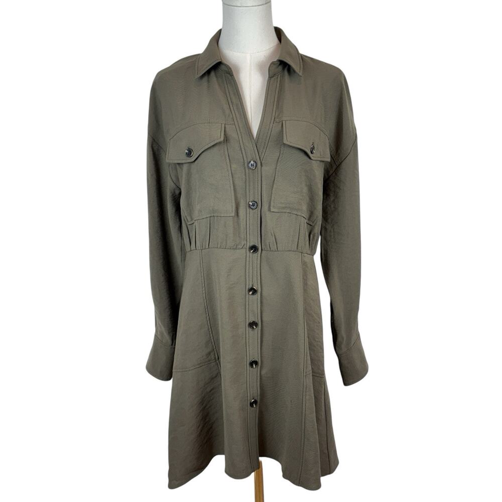 Zara Olive Green Collared Long Sleeve Button‎ Down Mini Shirt Dress Sz M Modal